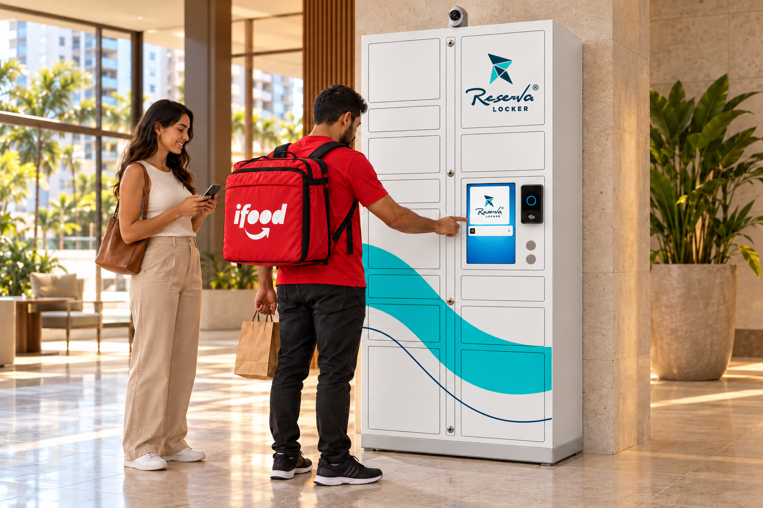 Entregador usando o armário Reserva Locker em uma recepção, com moradora ao lado
